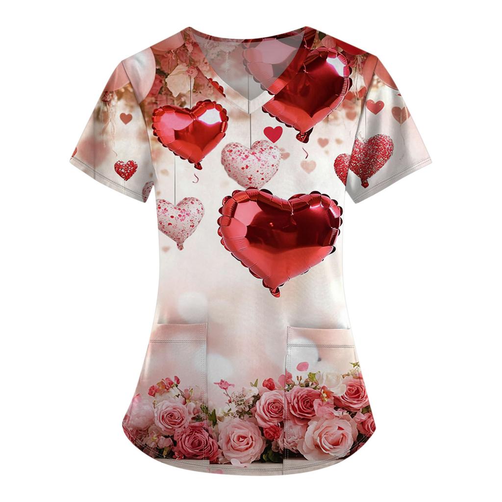 Women's Fashion V-Neck Short Sleeve Overalls With Pocket Valentine's Day Printed Tops  Clothes