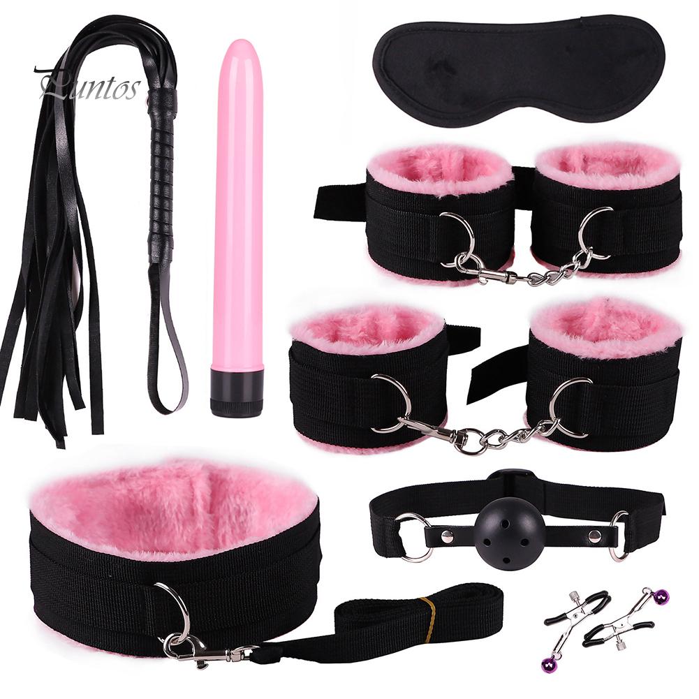 Puntos Sex Toys Set 8Pcs Adult Bondage Handcuffs Footcuffs Whip Blindfold Massager SM