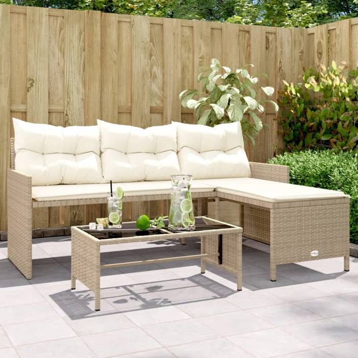 VidaXL Canapé de Jardin avec Table et Coussins en Forme de L, Siège de Patio, Meuble de Terrasse Balco Extérieur, Beige 365575