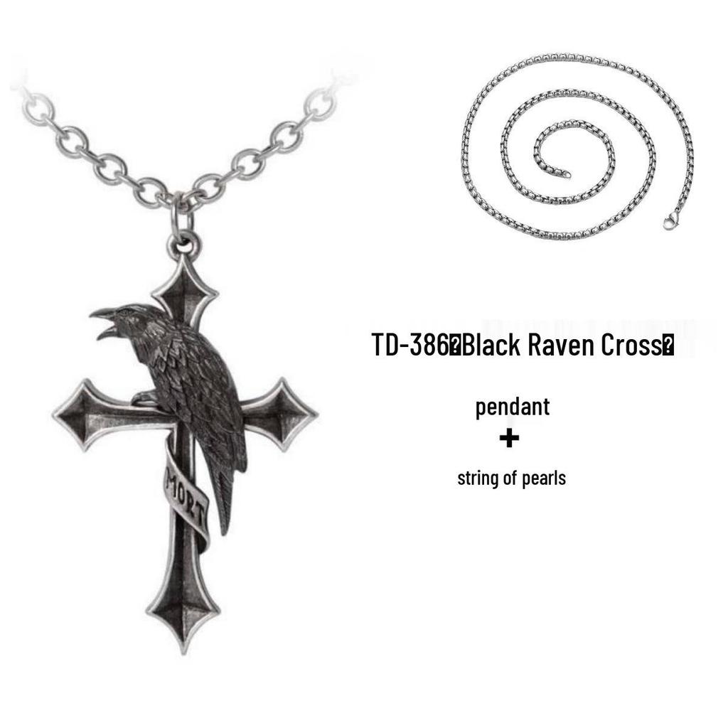 Gothic Punk Black Raven Cross Necklace: Trendy, Versatile Men's Jewelry in Euro-American Retro Dark Style.