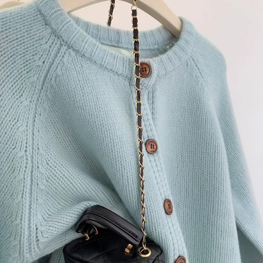 Light blue sweater jacket women's autumn and winter new loose small lazy wind knitted cardigan