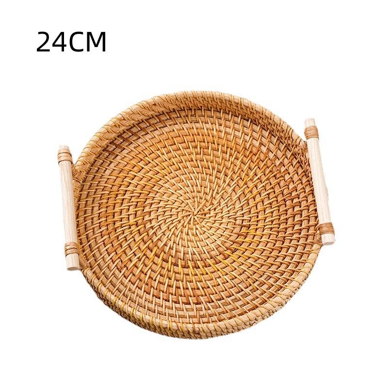 Round Rattan Serving Tray with Handles Coffee Table Decorative Tray Hand Woven Serving Basket Double Ear Bread Fruit Picnic Tray