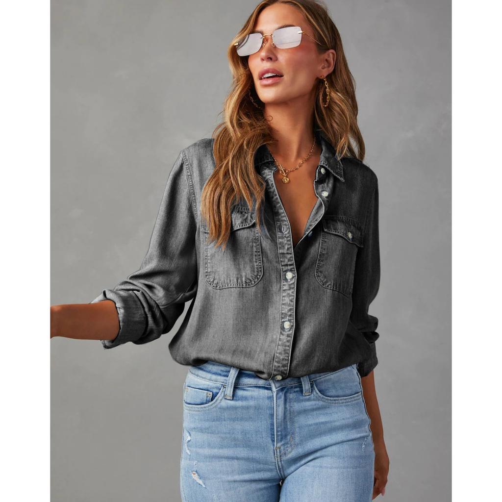 Women's Long Sleeve Denim Shirt 2025 Autumn Casual Lapel Single Breasted for JOOM Europe America