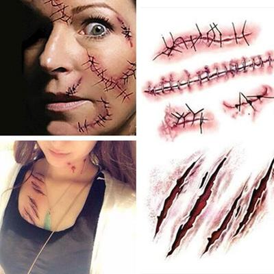 1pcs Horror Realistic Fake Bloody Wound Suture Scar Waterproof Temporary Tattoo Stickers Halloween Costume Party Prank Makeup Props