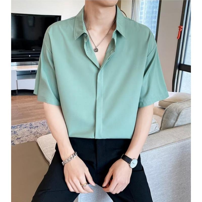 Men Short Sleeve Business Casual Non Iron Loose Solid Shirt