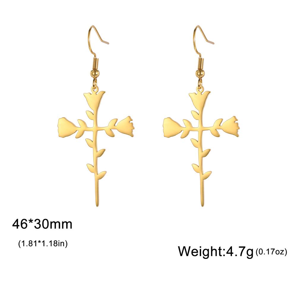 My Shape Rose Cross Drop Earrings for Women Stainless Steel Rose Flower Cross Dangle Earrings Christian Jewelry Wedding Party