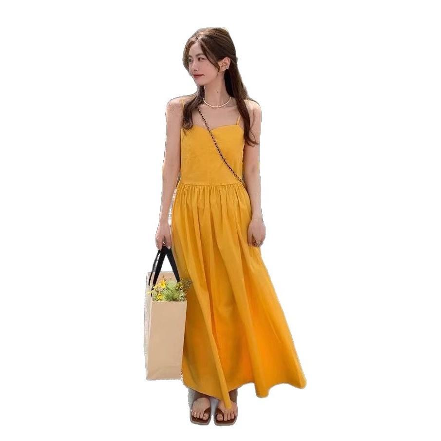 New Seaside Vacation Yellow Suspender Dress Children Summer French Gentle Wind Travel Wear Long Dress