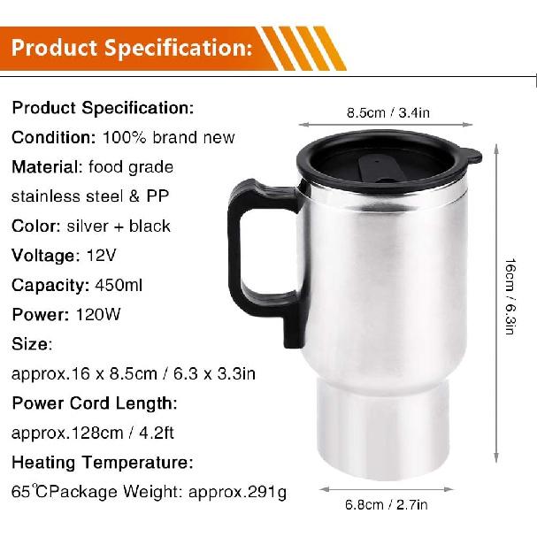 Keenso 12V Electric Car Cup Travel Heating Cup, 450ml Stainless Steel Car Electric Kettle Car Coffee Mug Heater with