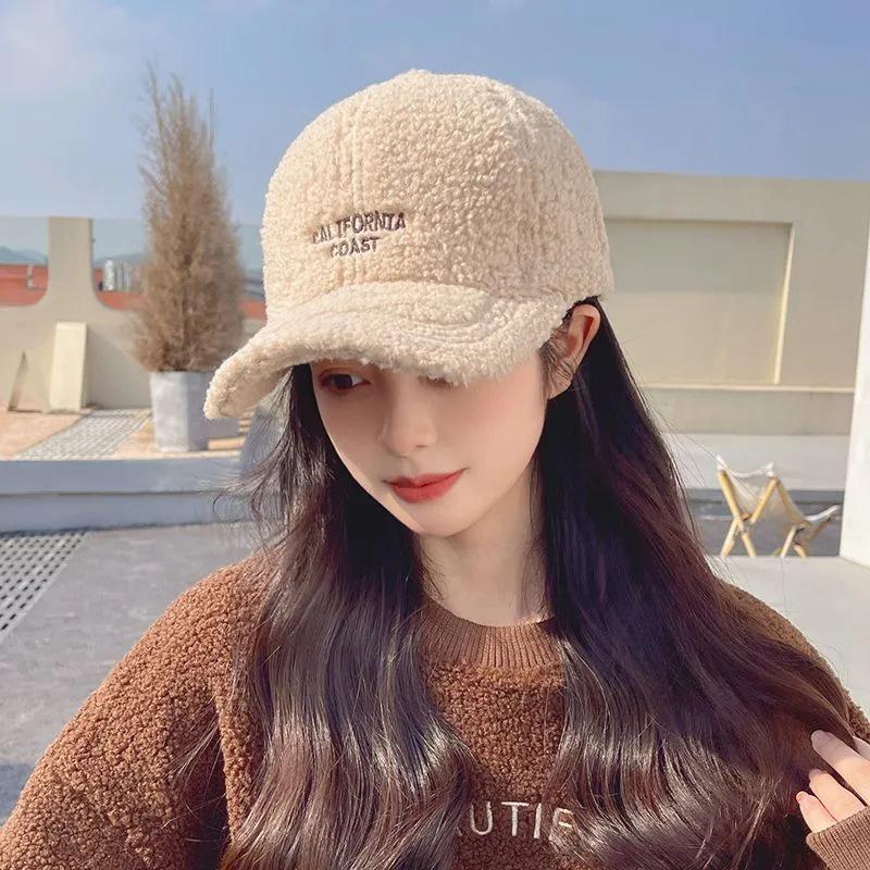Winter Lamb Fleece Women Baseball Cap Solid Color Letter Embroidery Warm Sun Hat Outdoor Warm Ladies Girls Duck Tongue Caps