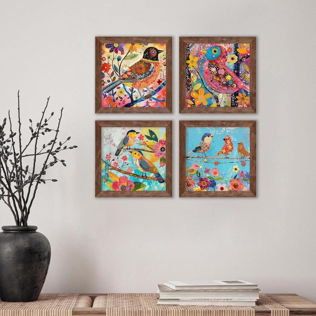 Impresii de Artă Murală cu Păsări și Flori Colorate, Designuri Botanice Vibrante cu Picturi cu Păsări Exotice pentru Decorul Casei și Biroului (9x9 Inci, Set de 4)