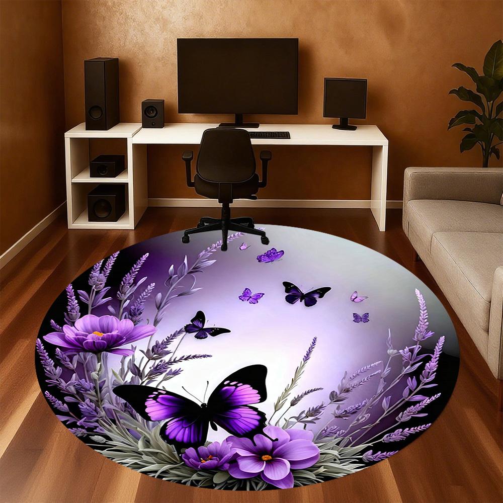 1PC Butterfly Lavender Office Round Area Rug, Under Office Chairs Bedroom Living Room Home Decor, Carpet for Office -1110002