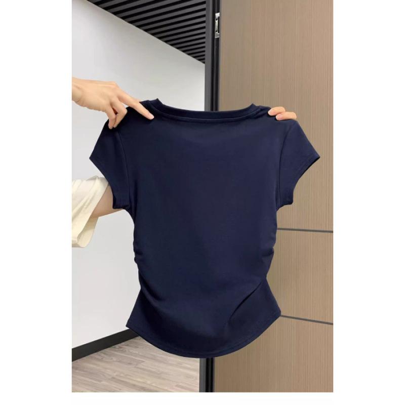 Navy blue front shoulder short-sleeved T-shirt women s summer new design pleated waist round neck slim-fitting short top S