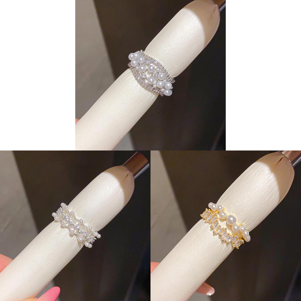 14k Gold Plated Zircon Pearl Open Ring With Modern Geometric Shape For Elegant Women
