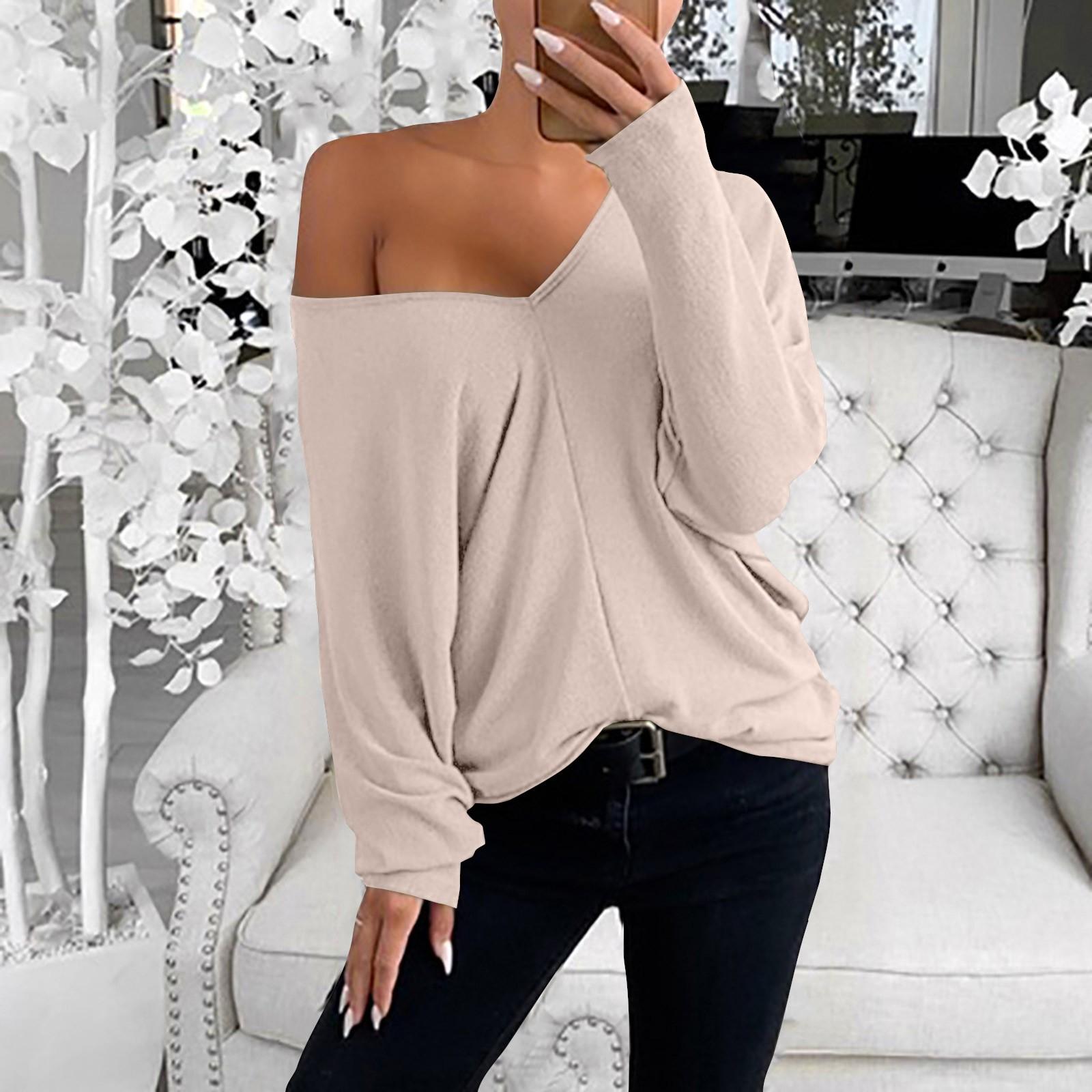 

Женская мода, свободная футболка с длинными рукавами и большим v-образным вырезом со сложенными плечами XXL бежевый