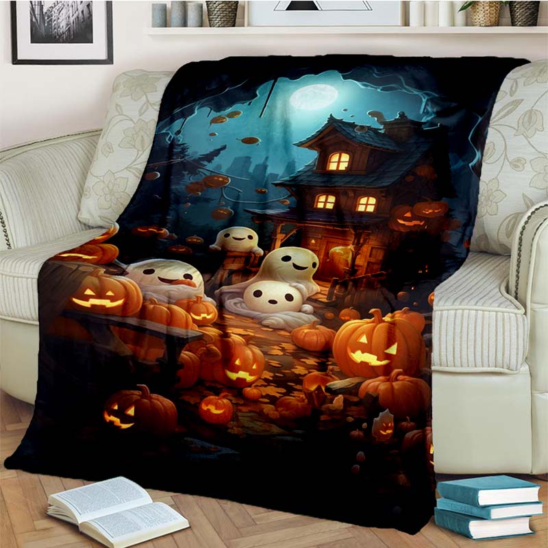 Halloween Pumpkin Ghost Print Flannel Blanket Cozy Warm Throw Bedroom Sofa Present Indoor Home Holiday Lounge Bedding Decor