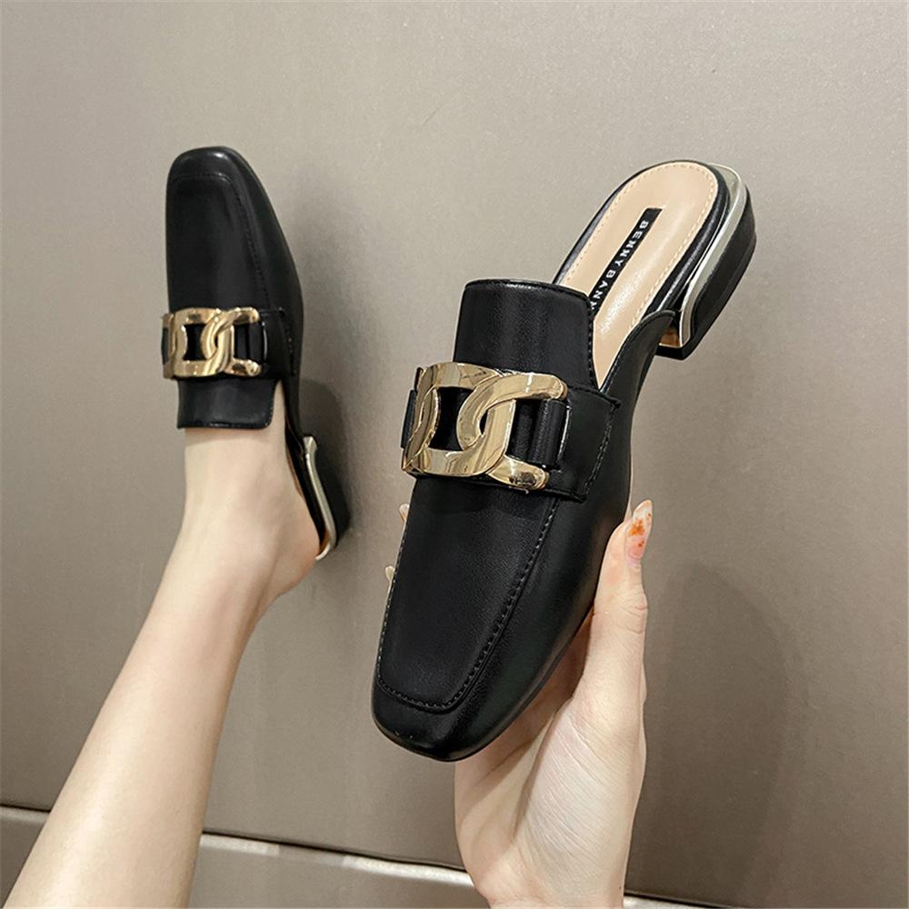 Leather sandals bag head half slippers women's summer wear fashion 2025 new sandals thick heel single shoes Internet celebrity muller shoes