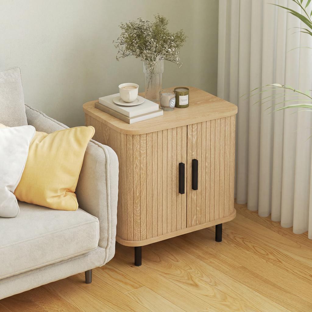 Nightstand with Louvered Doors and Steel Legs, for Bedroom and Living Room, Oak