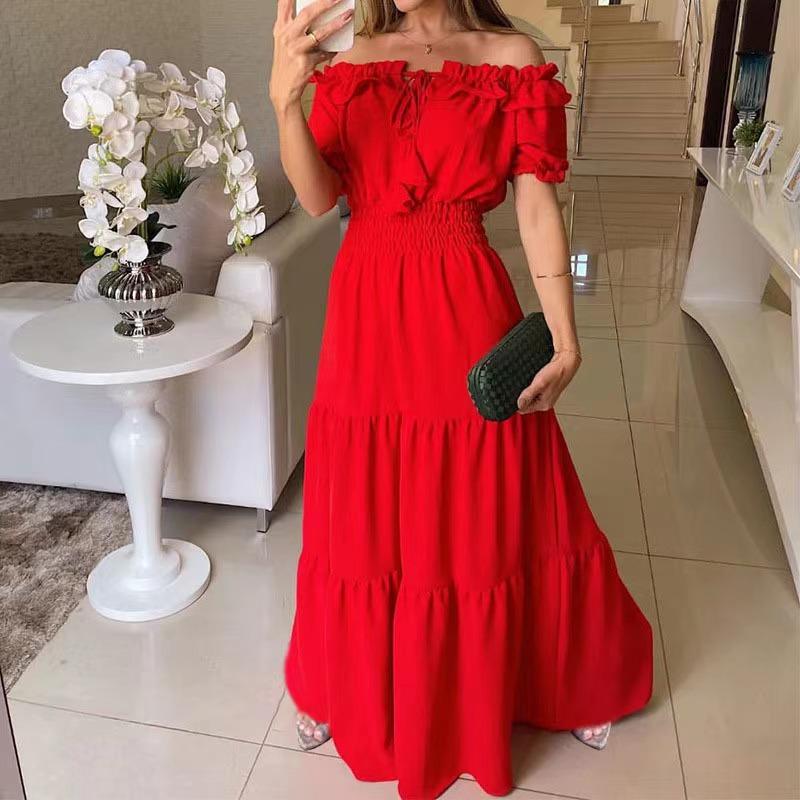 Women's Dress Ladies Fashion And Elegance Ruffle Spliced Bubble Sleeve Dress Sexy Off The Shoulder Big Swing Maxi Dresses