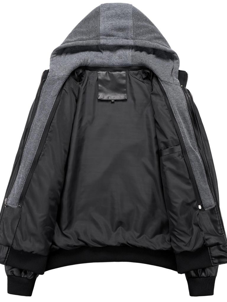 Men's Winter Plus Size PU Leather Jacket with Detachable Hood - Fleece-Lined Motorcycle Coat, European & American Style
