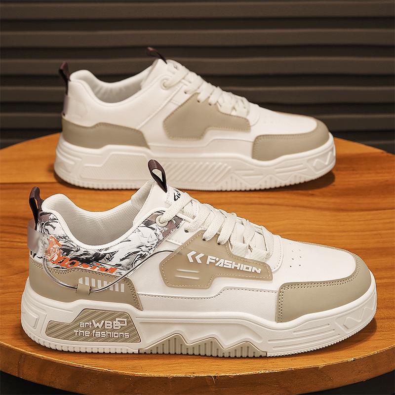 Spring 2024 New Thick-Soled Heightening Leather Surface White Shoes Fashionable Color Matching Breathable And Comfortable Youth Sports Men'S Shoes