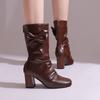 Women's High-heeled Boots Autumn and Winter New Thick-heeled Solid-color Large-size Medium Boots