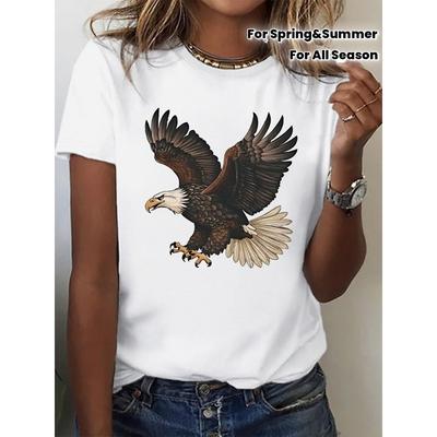Europäische Größe Damen T-Shirt mit Adlerdruck, Rundhalsausschnitt - Weiche lockere Bluse mit kurzen Ärmeln, Lässig