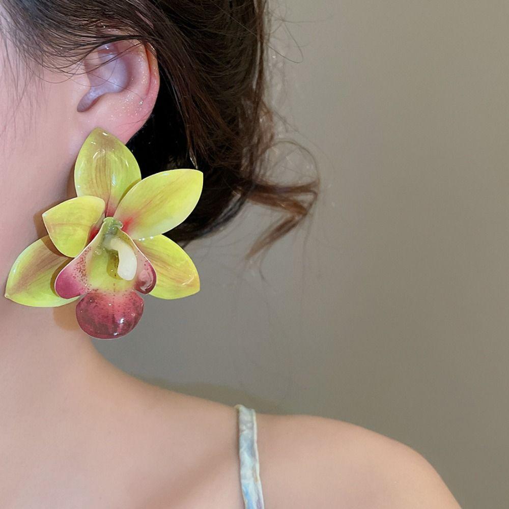 Silver Needle Flower Stud Earrings Epoxy Resin Vacation Style Earrings Women