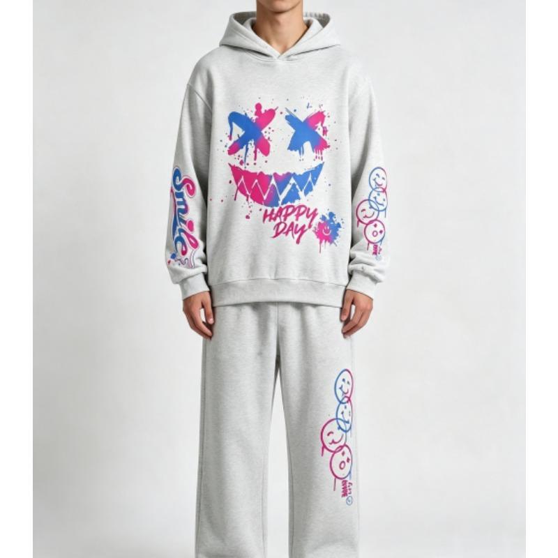 Felice Giorno Stampa Graffiti Bambini Felpe Pantaloni Set 2 Pezzi Moda Casual Street Felpe con Cappuccio Abbigliamento Vintage Ragazzo Ragazza