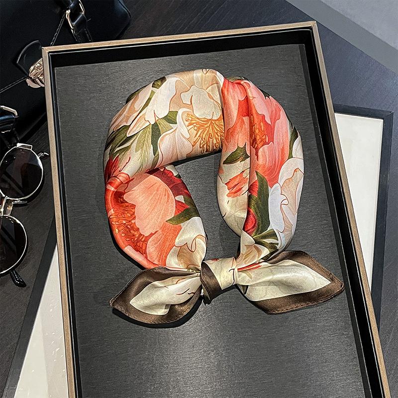 

Summer 100% Real Silk Square Scarf for Women Floral Print Shawls Wraps Lady Hairband Bag Handle Ribbons Shawl Hijab Bandana 53x53 cm
