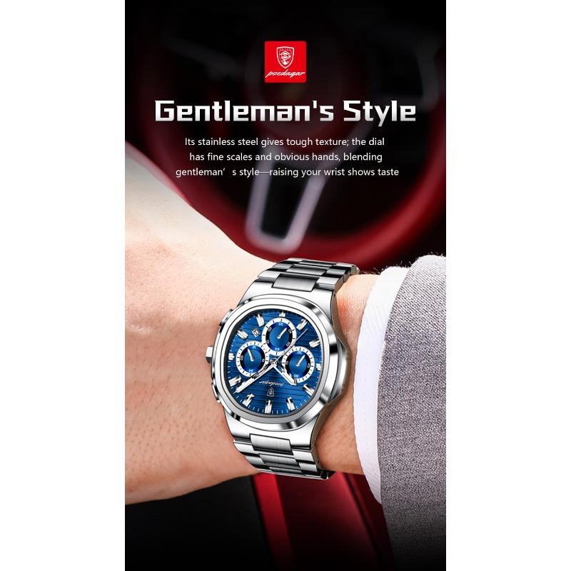 POEDAGAR Business Man Wristwatch Date Chronograph Waterproof Luminous Luxury Watch Stainless Steel Quartz Watches Male