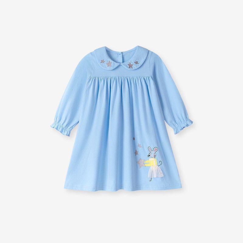 Spring and Autumn Children s Clothing, Children s Doll Collar Long-Sleeved Dress, Girls Pure Cotton Skirt, Baby Cartoon Little Mouse Children s Skirt S 3209 7Y (140cm)