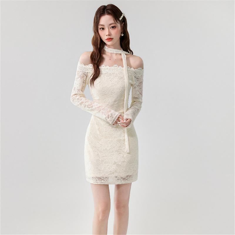 Apricot One-Shoulder Lace Dress: Sexy, Hip-Hugging, Petite Spring & Autumn 2026 Niche Style L абрикосовый