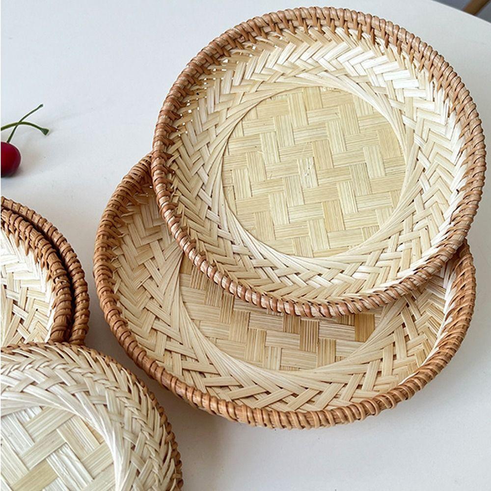 Bamboo Rattan Pastry Plate Round Fruit Basket Home Organizer Storage Basket  Dessert