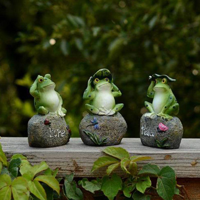 3pcs/set Frogs Statues Sitting on Stone Sculptures Mini Yard Frogs Stone Ornaments Turquoise Home Decor Accessories Resins