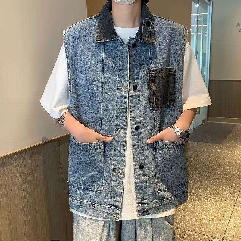 

Men s Patchwork Denim Vest - Hong Kong Style Autumn Waistcoat XXL синій