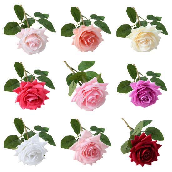 Artificial Rose with Green Leaves Realistic Fake Flower Stem Home Office Wedding Party