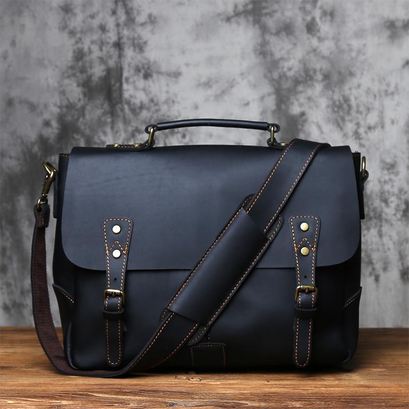 Retro Top Layer Leather Men's Handbag Crazy Horse Leather Casual Shoulder Messenger Bag with Horizontal Compartment for Men