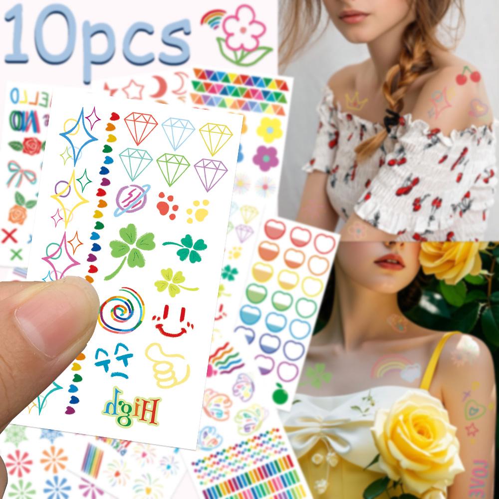 10 arkuszy Kolorowe naklejki z tatuażem graffiti na twarz, ramię, ciało, tymczasowe, fałszywe, wodoodporne, prezenty na przyjęcie dla dzieci