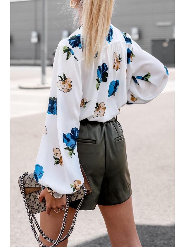 Autumn 2024 Floral Print Stand-up Collar Long Sleeve Shirt for Women - European & American Style