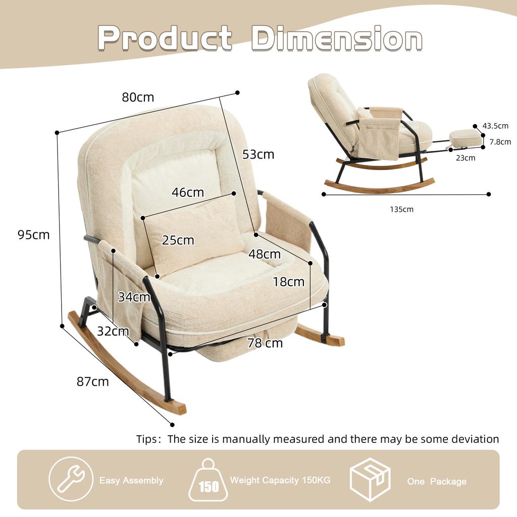 Oversized Rocking Chair with Foot Rest, Side Pocket, Cushion, Adjustable Backrest, Metal Wooden Frame, Indoor/Outdoor Living Room, Faux Fur, Beige