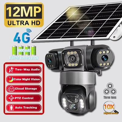 LS VISION Cameră Solară 4G cu Obiectiv Triplu V380Pro Exterior 12MP Zoom 10X Ecran Triplu Detectare Mișcare PIR Supraveghere Securitate IP66 Cameră PTZ