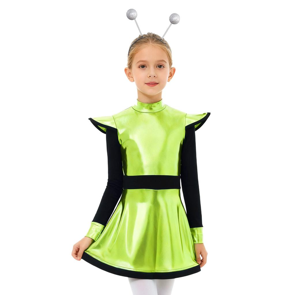 Girls Alien Costume Set Patchwork Metallic Dress Mock Neck Long Sleeve Built In Shorts Matching Hair Hoop