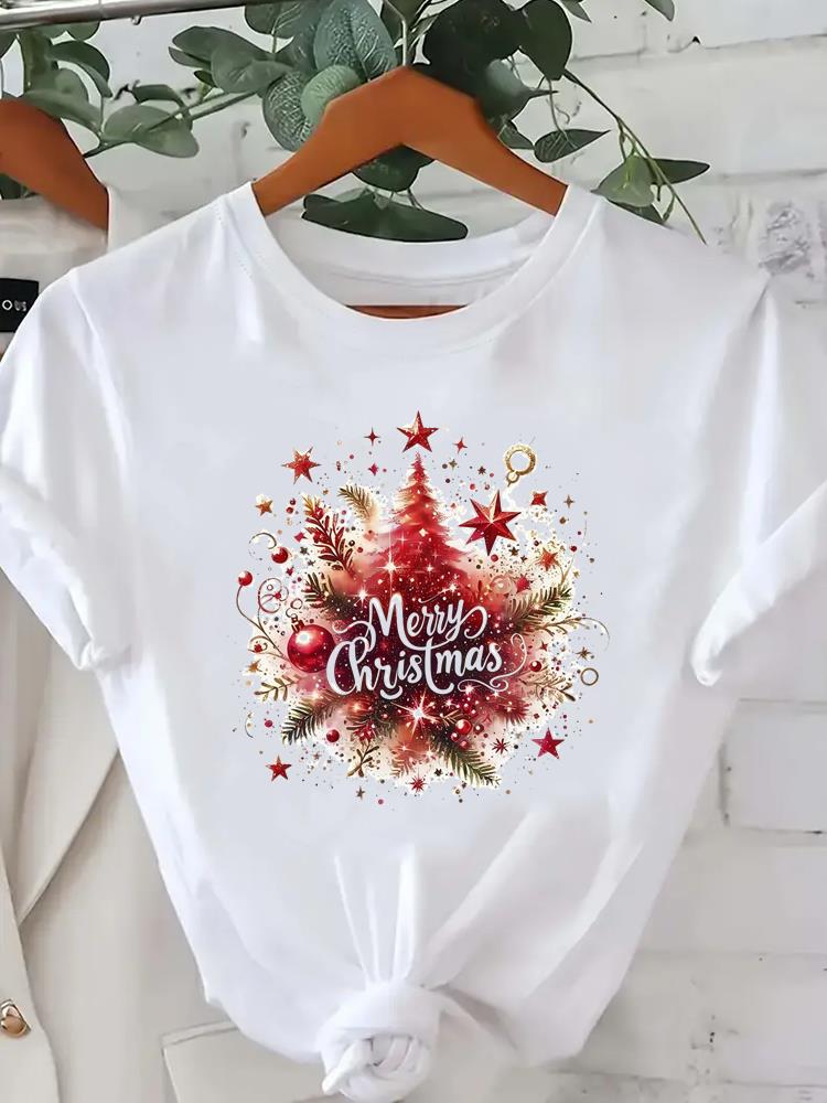 (Asian Size) Watercolor Cute 90s Short Sleeve T-shirts  Print Merry Christmas O-neck Women's Top New Year T Clothing Fashion Holiday Graphic Tee