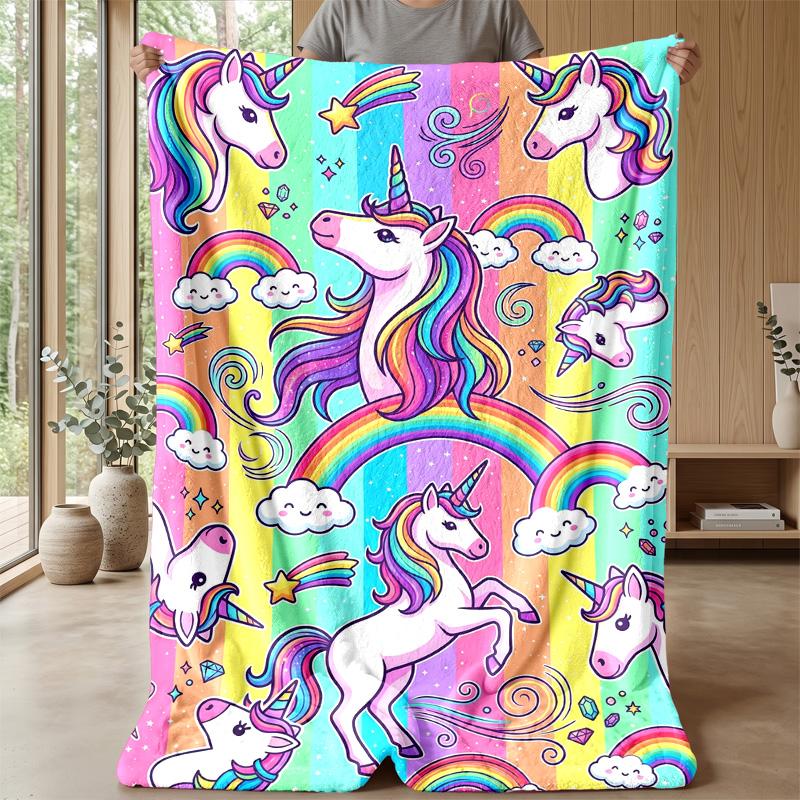 Rainbow Unicorn Fantasy Theme Blanket Lightweight Warm Flannel Blanket Decorative Throw Blanket for Home Decoration