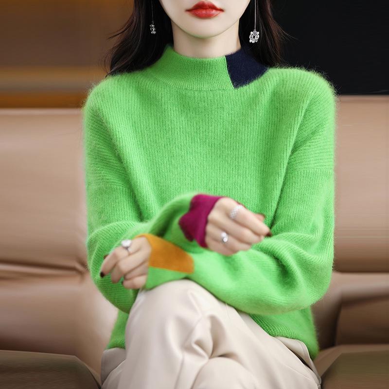 2024 Autumn/Winter Women's Color Block Mink Velvet Half-High Collar Sweater - Short, Loose, Thickened Wool Knit Base Layer.