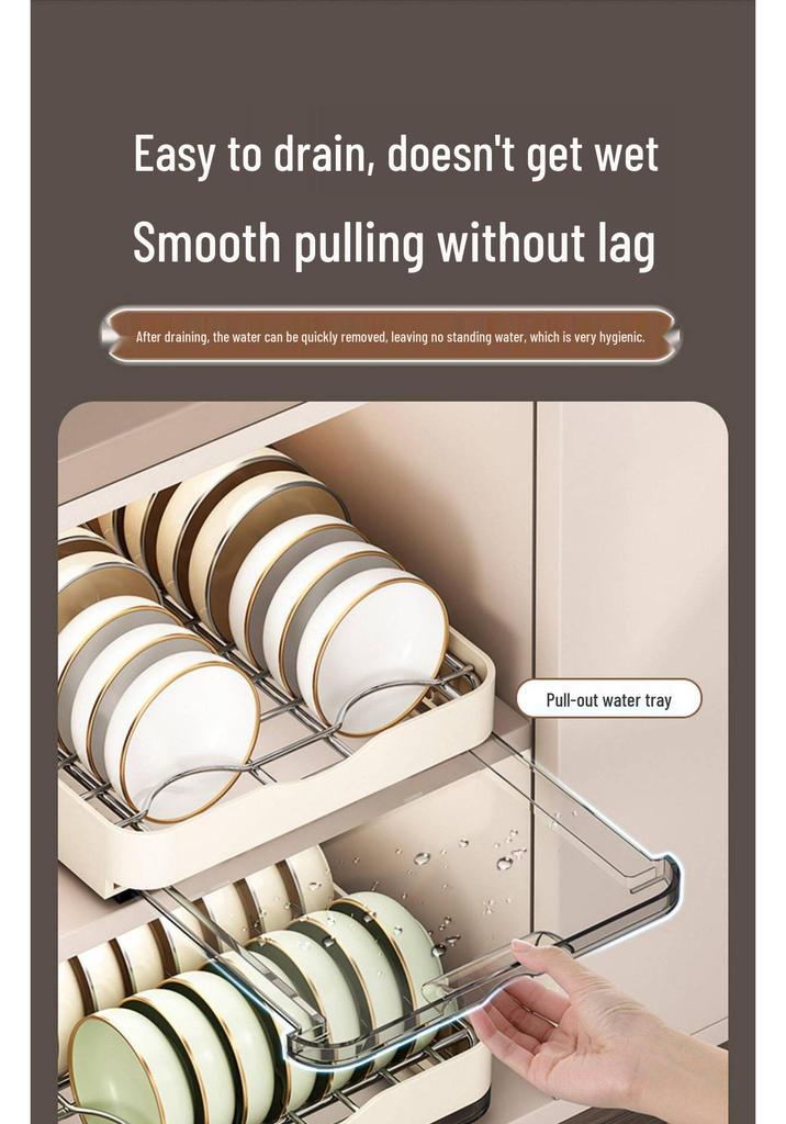 Pull-Out Kitchen Cabinet Dish Rack with Built-in Shelf and Draining Basket