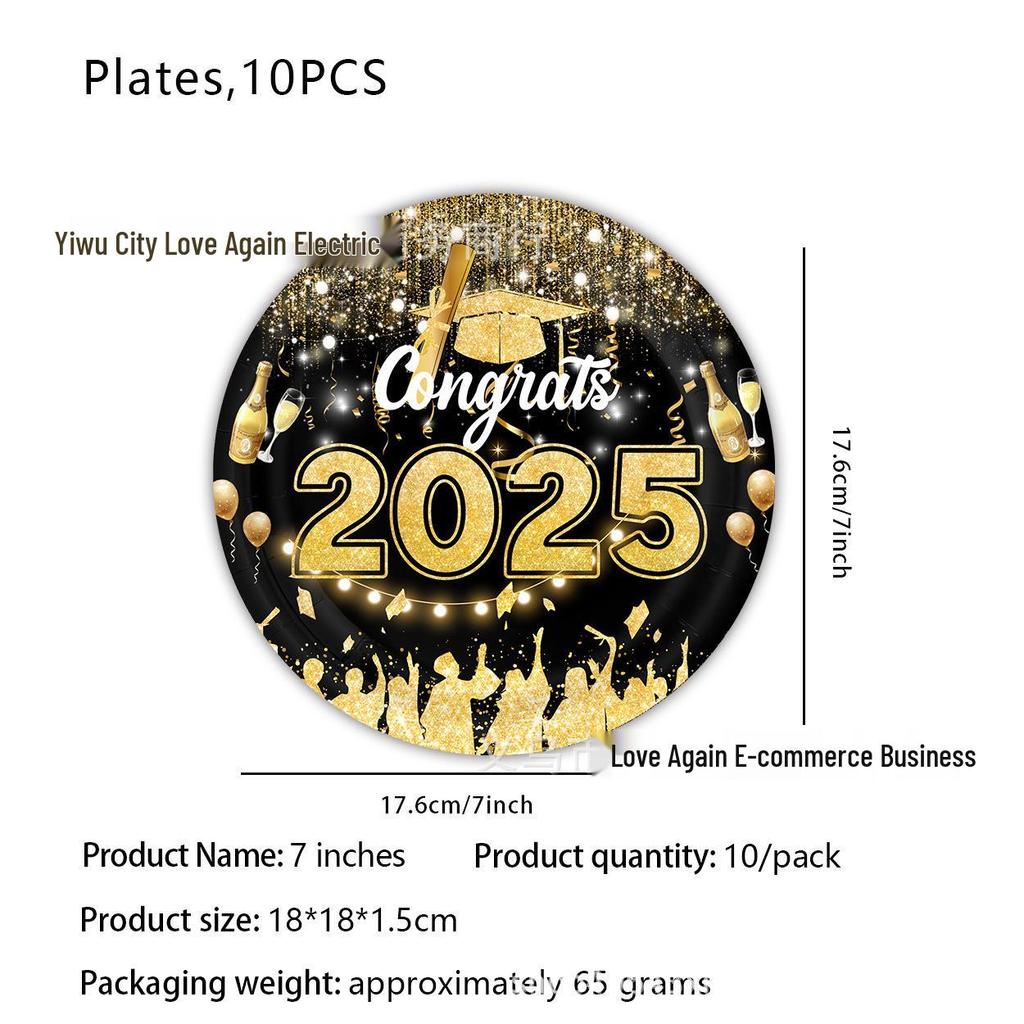 Graduation Party Disposable Tableware Set: Paper Plates, Cups, Banner, Tablecloth, and Knives. Perfect for University Graduation Celebrations.