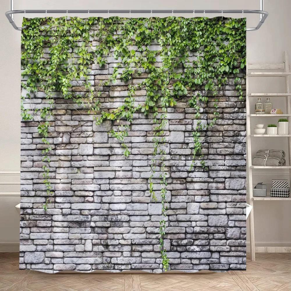 

Vintage Brick Wall Green Leaves Shower Curtains Rustic Vine Plant Leaf Grey Stone Polyester Fabric Bathroom Curtain Decorative W60H190(CM)-1 Pcs