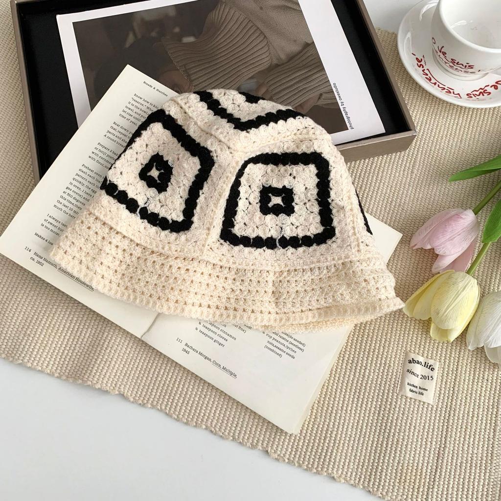 Big head circumference hat literary bucket hat women's color matching knitted flower dome foldable hat sun protection