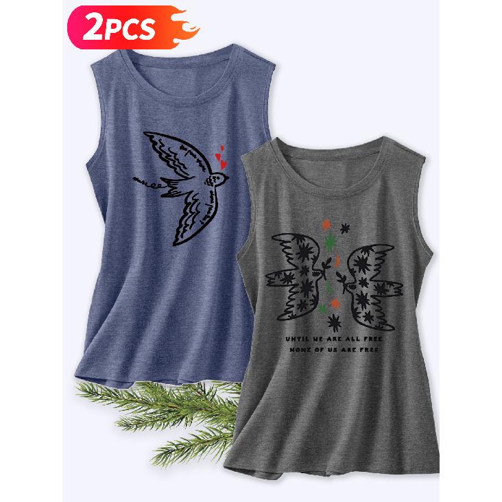 Follow a Specific Direction Two-piece Women's Vest Set Hand-drawn Swallow Vintage Print Elegant Summer Clothing Sleeveless Vest Essential Fashion